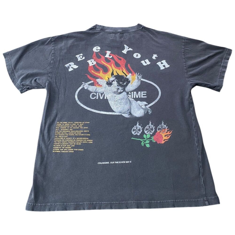 Civil Regime M Rebel Youth Angel Fire Black Washed Distressed Oversized Tee